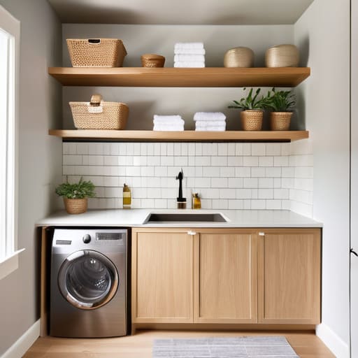 Go Vertical with Floating Shelves laundry organization.