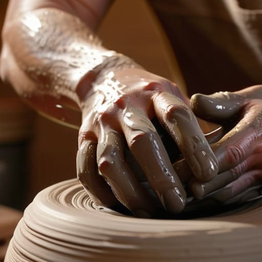 Person learning pottery throwing on wheel.